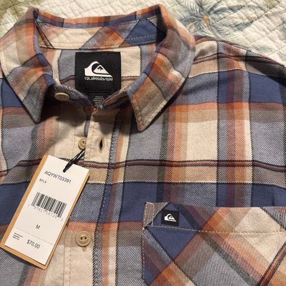 New! Quiksilver Men's Casual Blue and Brown Plaid Shirt - Picture 8 of 13